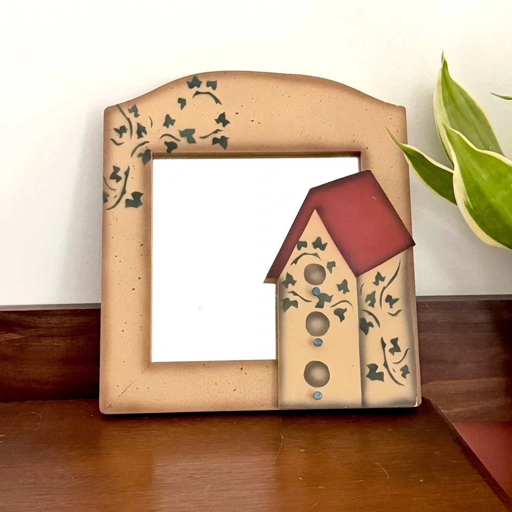 Vintage Bird House Mirror Bird Feeder Ivy Painted Wall Hanging Cottagecore Boho